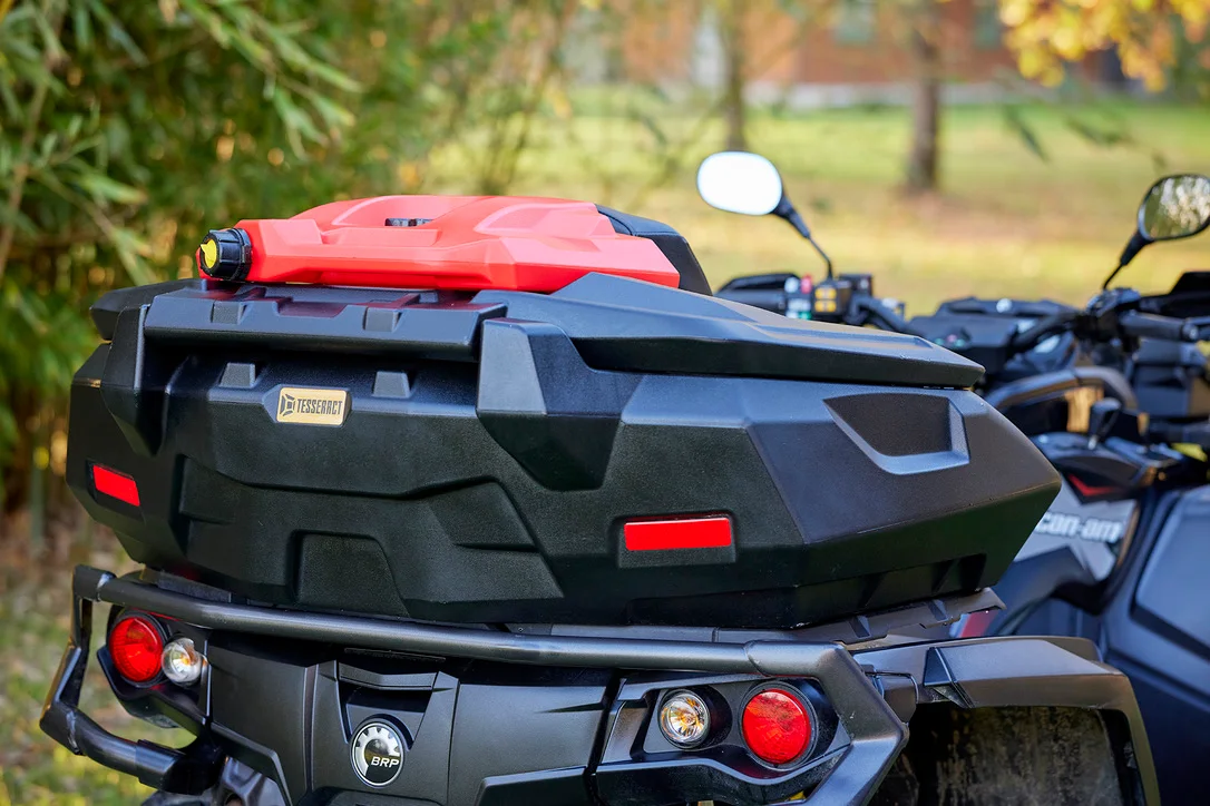 Close view of a Can-Am cargo box carrying a red fuel can